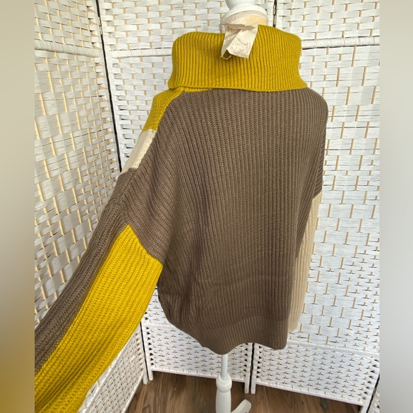 NWT Hem & Thread Turtle Neck Colorblock Cable Knit Jacquard Sweater Mustard Khak - Picture 7 of 13